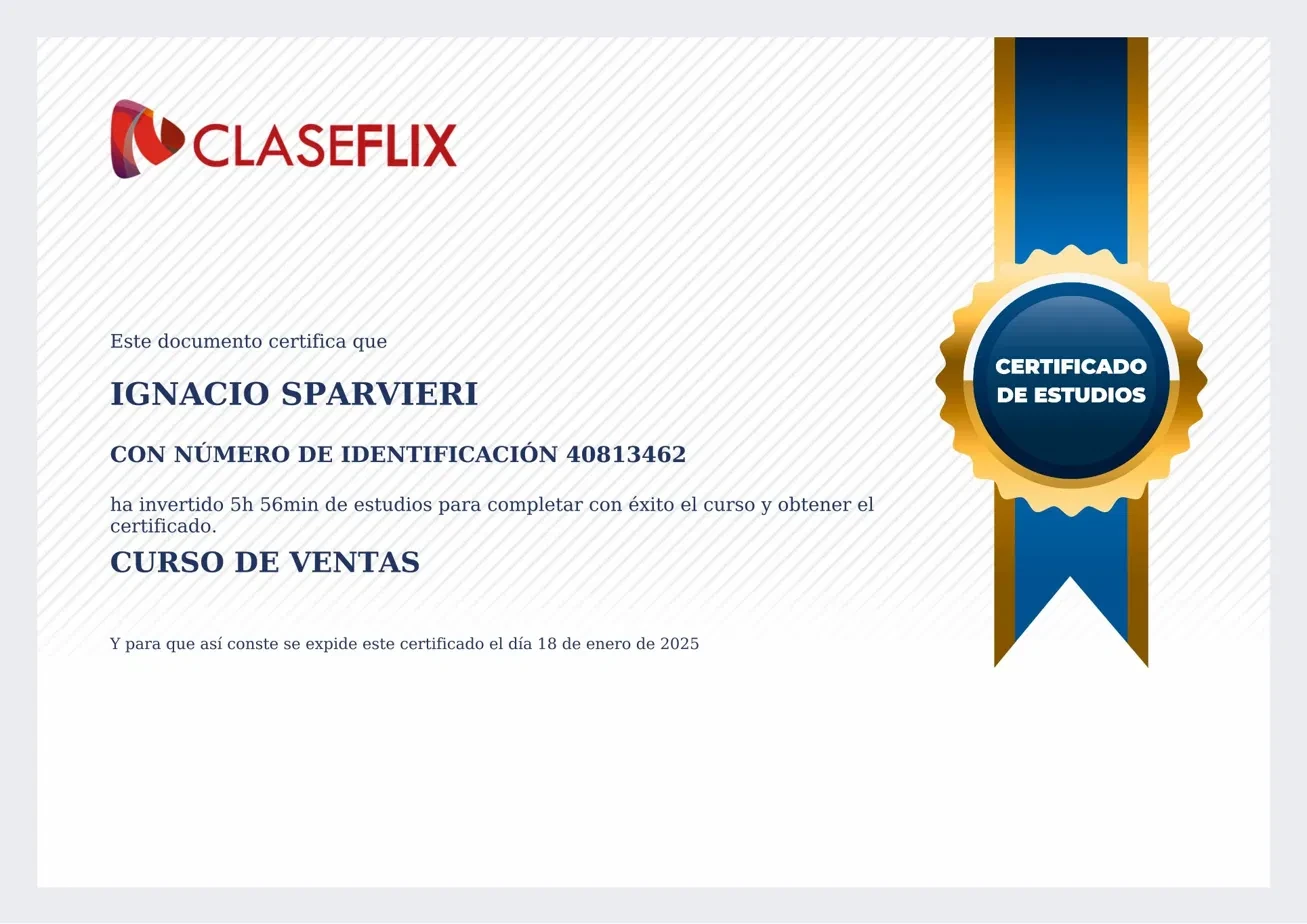 Curso de Ventas certificate